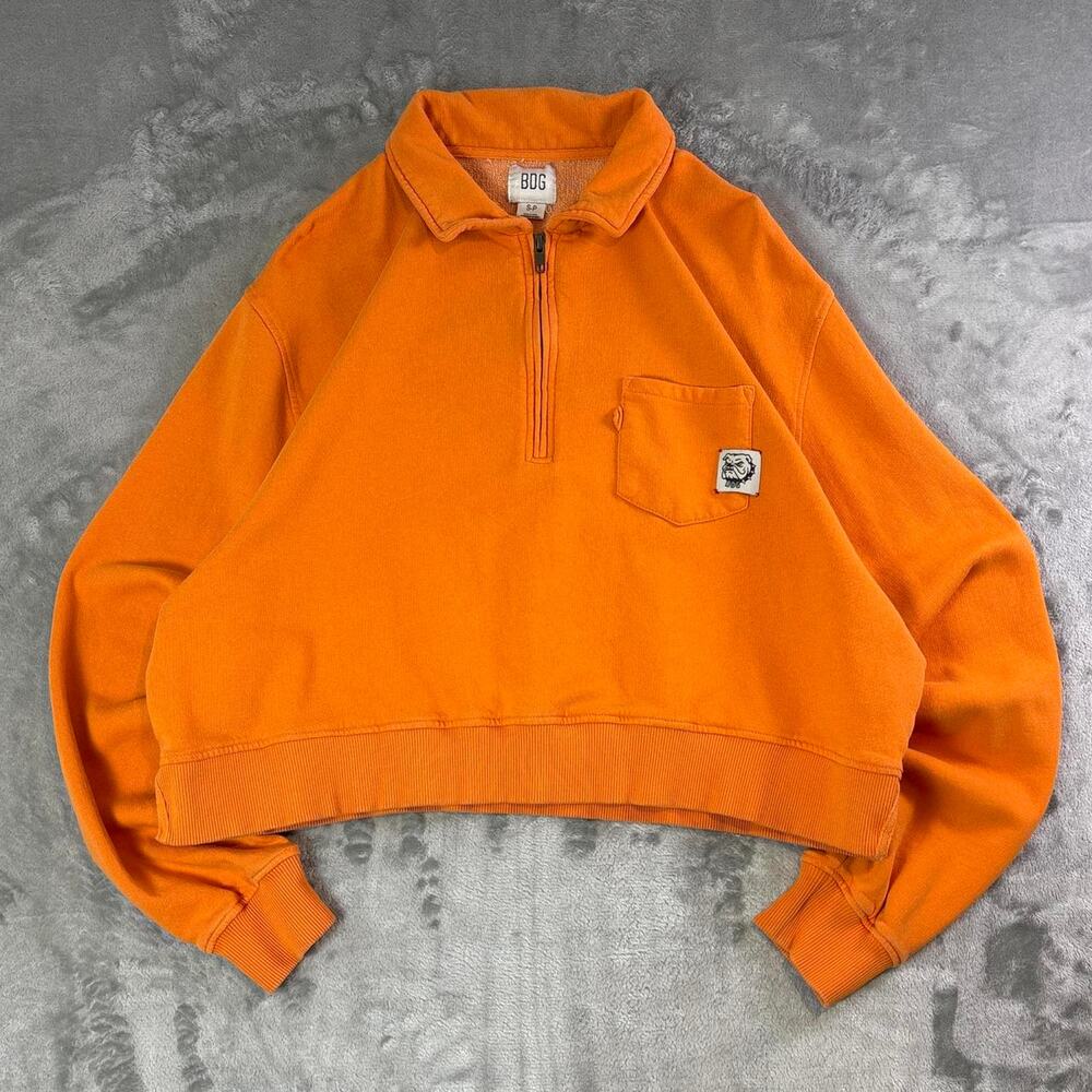 BDG Urban Outfitters Orange Cropped Quarter Zip Bull Dog Patch Sweatshirt Wmns S